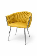 Sedia imbottita intrecciata giallo senape con gambe oro o argento
