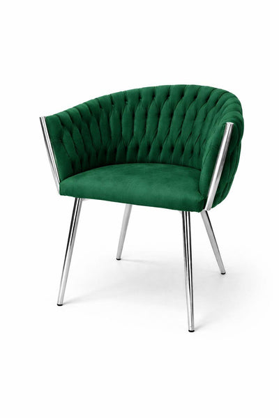 Poltroncina imbottita in velluto verde con gambe cromate