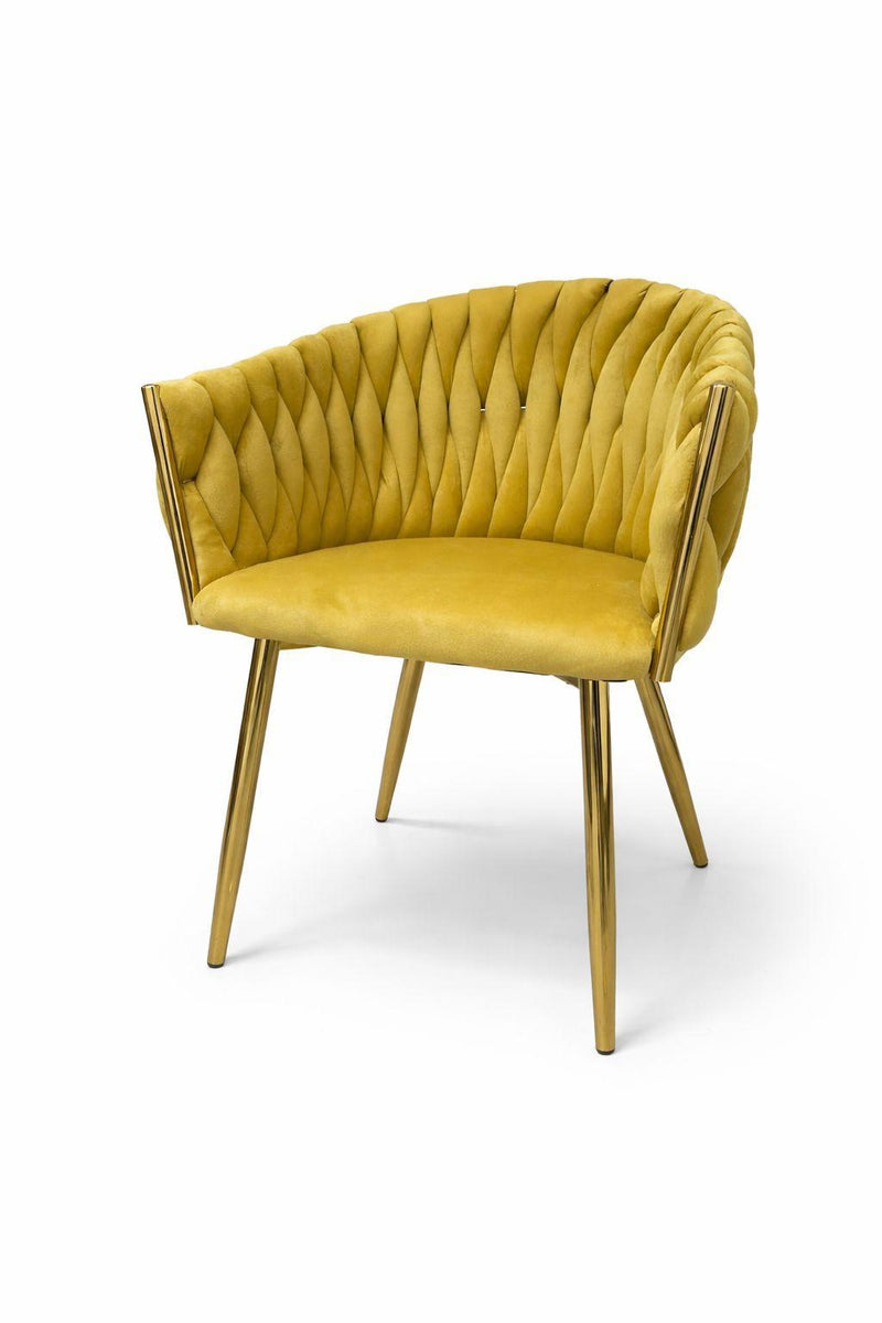 Sedia imbottita intrecciata giallo senape con gambe oro o argento